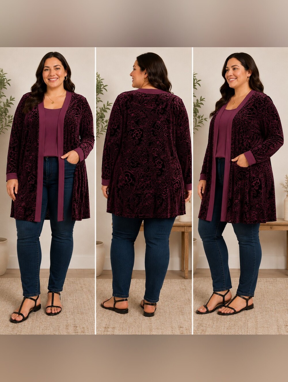 Catherines 4X Burgundy Velvet Burnout Paisley Long Cardigan Duster NWT